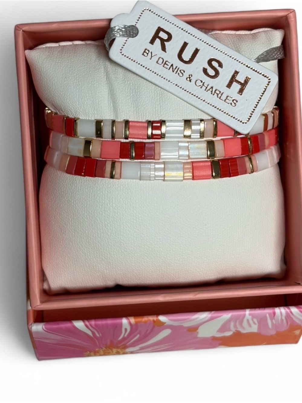RUSH Coral & White Tile Beaded Bracelet Set
